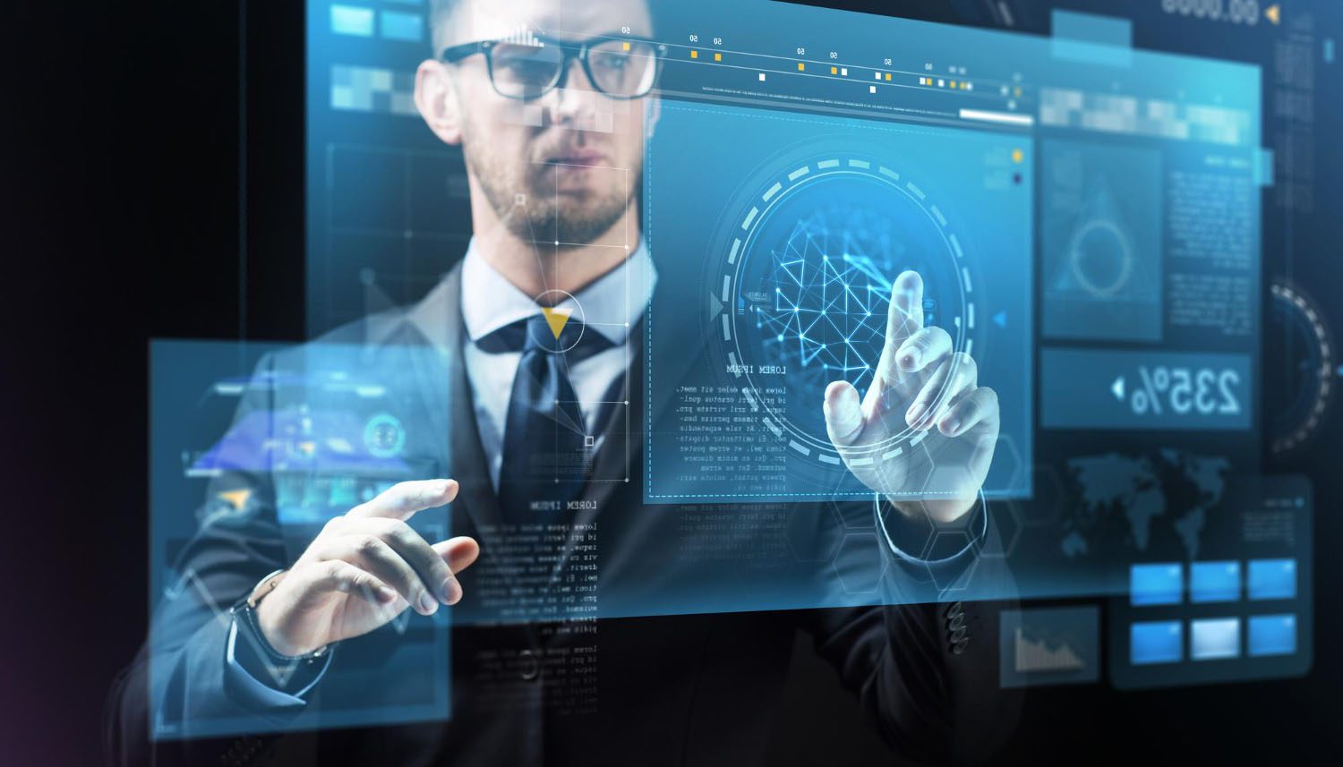 business people future technology cyberspace concept close up businessman suit with virtual screens projection dark background 1